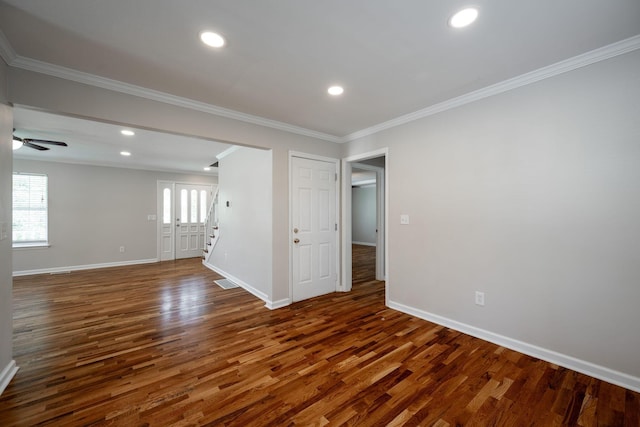 270 Autumn Trl, Ringgold, GA 30736 - empty room with dark wood-type flooring, ornamental molding, recessed lighting, ceiling fan, and stairs
