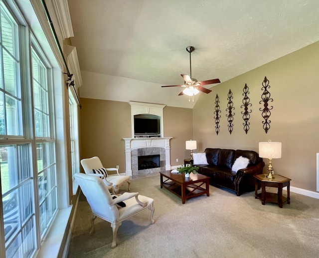 2714 Maylon Dr, Murfreesboro, TN 37128 - living room with ceiling fan, carpet floors, a tile fireplace, and vaulted ceiling