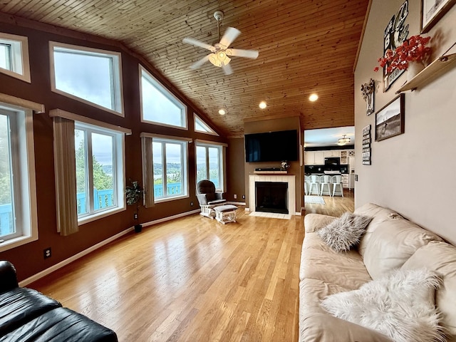 465 Turtle Point Ln, Waverly, TN 37185 - living area with wood ceiling, a fireplace, ceiling fan, high vaulted ceiling, and light wood-style floors