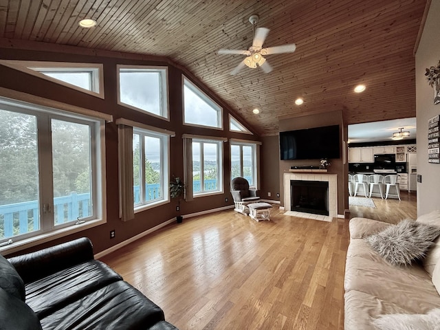 465 Turtle Point Ln, Waverly, TN 37185 - living room featuring wood ceiling, a fireplace, high vaulted ceiling, ceiling fan, and light wood-style floors