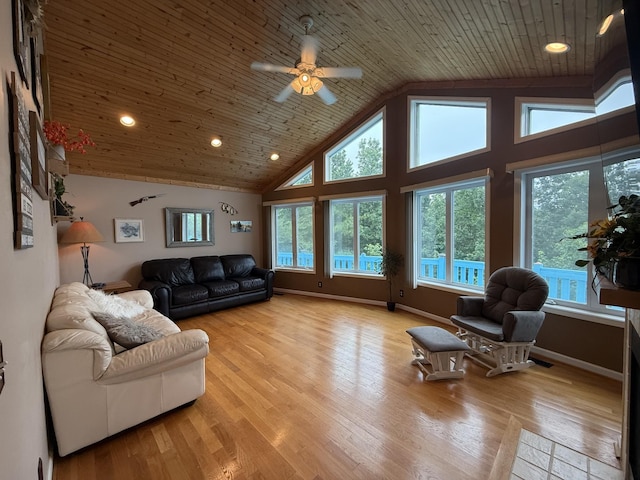465 Turtle Point Ln, Waverly, TN 37185 - living room with light wood finished floors, a ceiling fan, wooden ceiling, high vaulted ceiling, and recessed lighting