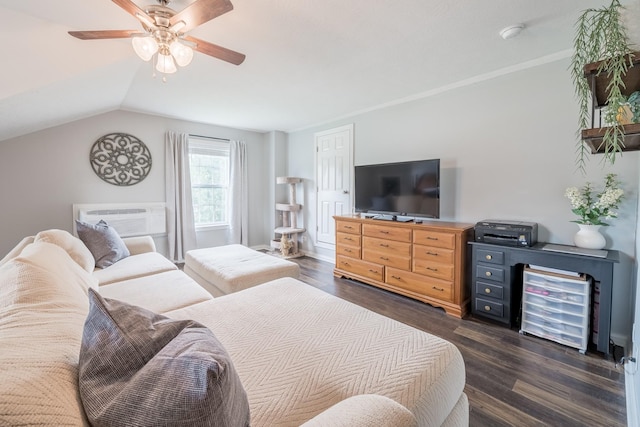 108 Larry Joe Pl, Portland, TN 37148 - bedroom featuring an AC wall unit, dark wood finished floors, ceiling fan, and vaulted ceiling