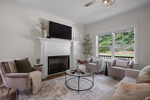 3767 Lee Pike, Soddy Daisy, TN 37379 - living area with wood finished floors, ceiling fan, a fireplace, and ornamental molding