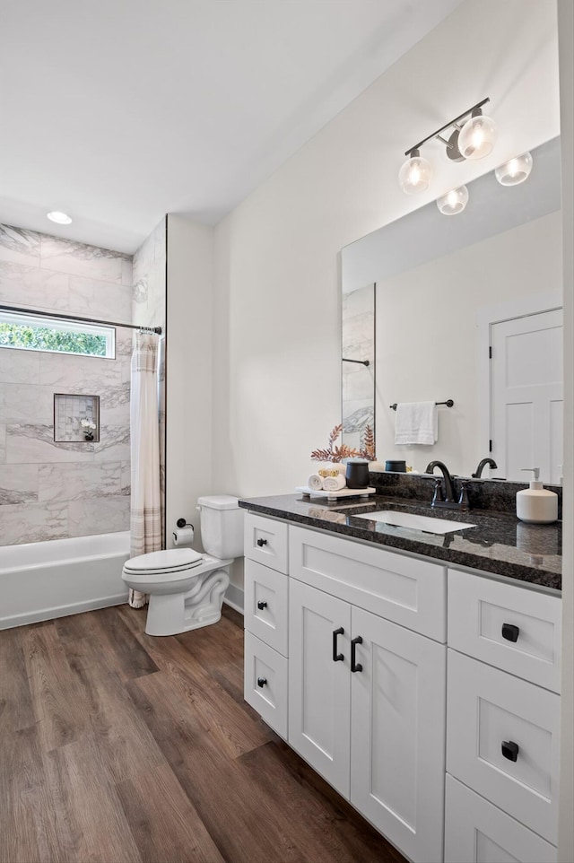 3767 Lee Pike, Soddy Daisy, TN 37379 - bathroom with vanity, wood finished floors, and shower / bath combination with curtain