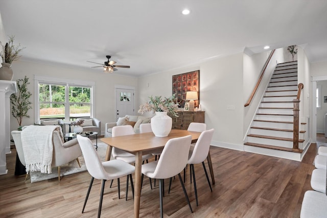 3767 Lee Pike, Soddy Daisy, TN 37379 - dining room featuring a ceiling fan, stairway, crown molding, wood finished floors, and recessed lighting