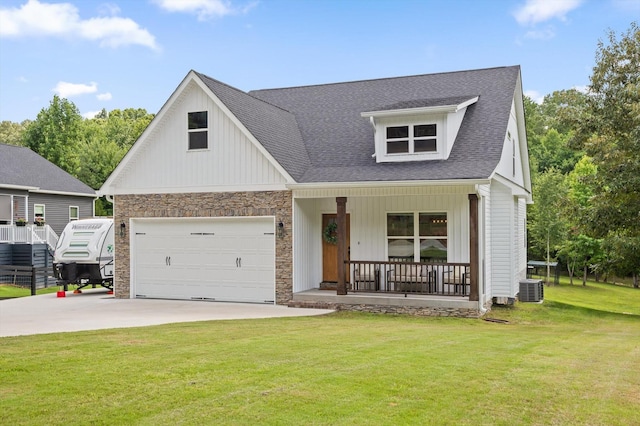 3767 Lee Pike, Soddy Daisy, TN 37379 - view of front of house with covered porch, driveway, a front lawn, a shingled roof, and stone siding