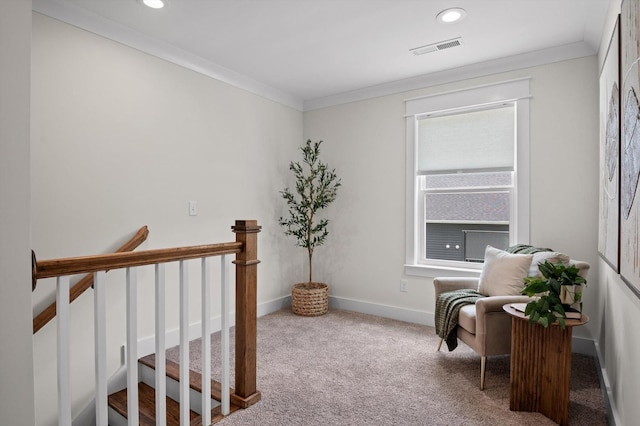 3767 Lee Pike, Soddy Daisy, TN 37379 - living area with an upstairs landing, carpet, crown molding, and recessed lighting