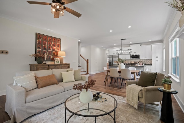 3767 Lee Pike, Soddy Daisy, TN 37379 - living room featuring light wood-style floors, stairway, ceiling fan, and recessed lighting