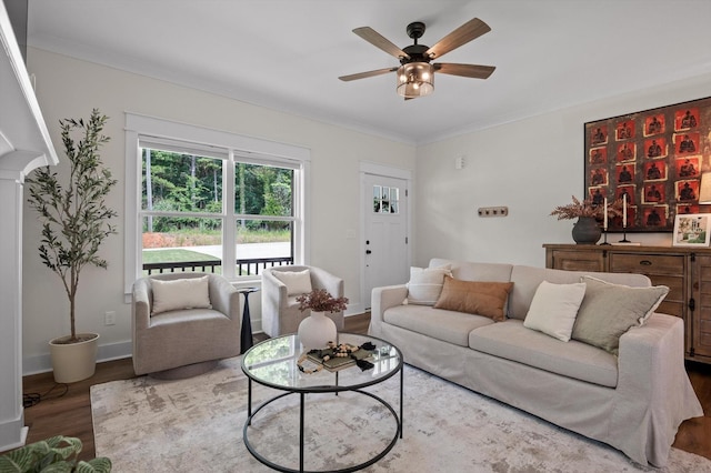 3767 Lee Pike, Soddy Daisy, TN 37379 - living room with wood finished floors, a ceiling fan, and crown molding