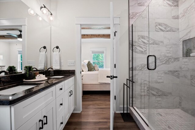 3767 Lee Pike, Soddy Daisy, TN 37379 - full bathroom with ensuite bathroom, wood finished floors, double vanity, a ceiling fan, and a shower stall