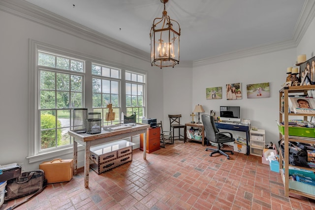 2485 Old Natchez Trce, Franklin, TN 37069 - home office with brick floors, healthy amount of natural light, a chandelier, and crown molding