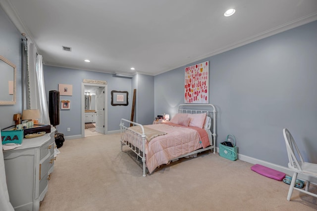 2485 Old Natchez Trce, Franklin, TN 37069 - bedroom featuring crown molding, light colored carpet, recessed lighting, and ensuite bathroom