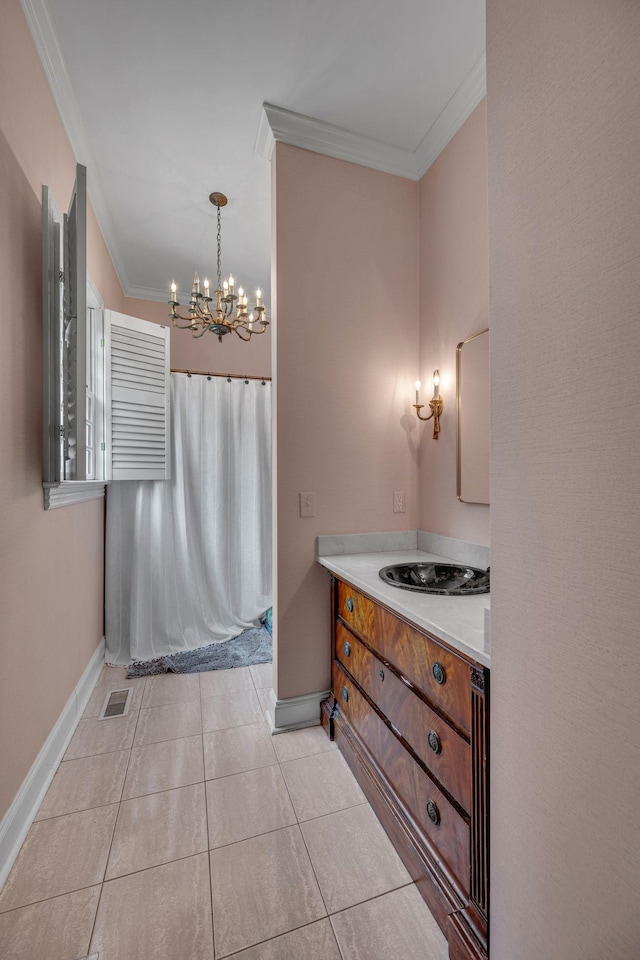2485 Old Natchez Trce, Franklin, TN 37069 - full bath featuring a chandelier, vanity, crown molding, and tile patterned flooring