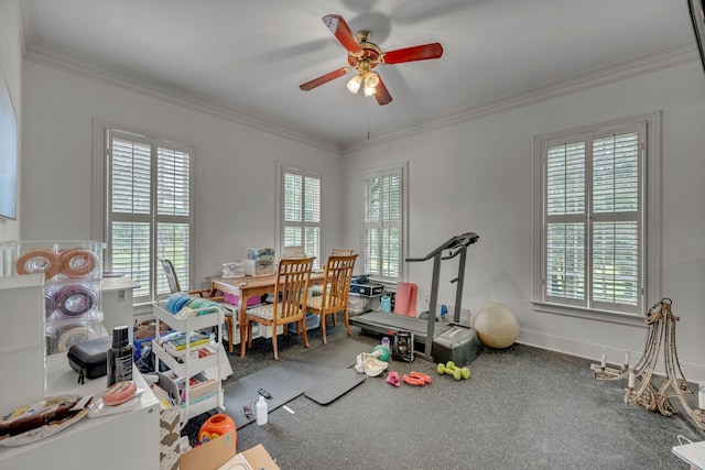2485 Old Natchez Trce, Franklin, TN 37069 - workout area featuring a ceiling fan, crown molding, and healthy amount of natural light