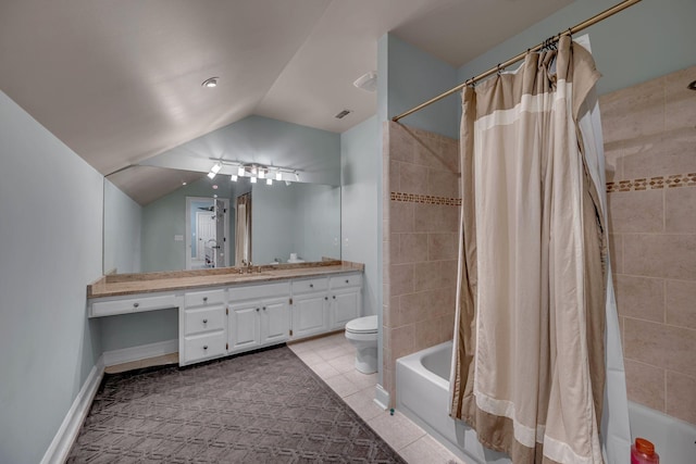 2485 Old Natchez Trce, Franklin, TN 37069 - bathroom with shower / bathtub combination with curtain, lofted ceiling, vanity, and tile patterned floors