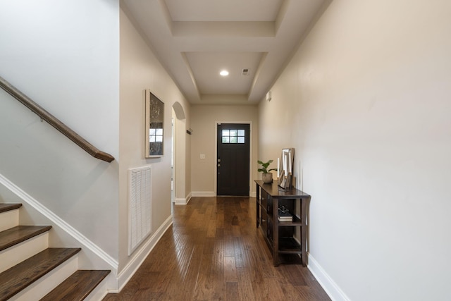 222 Fowler Cir, Franklin, TN 37064 - foyer entrance with wood-type flooring, stairway, arched walkways, a raised ceiling, and recessed lighting