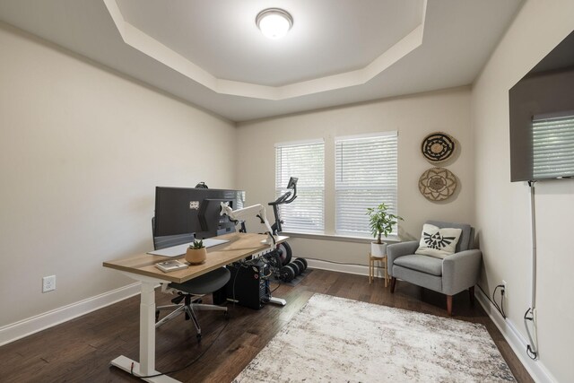 222 Fowler Cir, Franklin, TN 37064 - office featuring dark wood-style floors and a tray ceiling