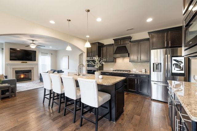 222 Fowler Cir, Franklin, TN 37064 - kitchen with ceiling fan, appliances with stainless steel finishes, arched walkways, premium range hood, and a glass covered fireplace
