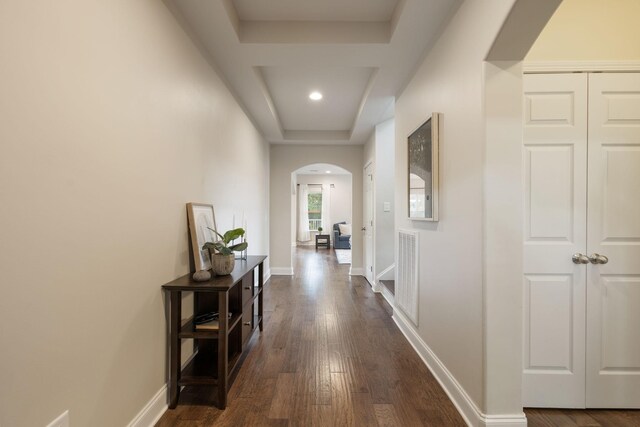 222 Fowler Cir, Franklin, TN 37064 - hallway with arched walkways, dark wood-style floors, and recessed lighting