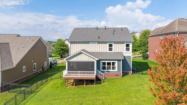 222 Fowler Cir, Franklin, TN 37064 - rear view of property with board and batten siding, a sunroom, a shingled roof, a fenced backyard, and a gate