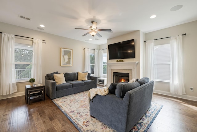 222 Fowler Cir, Franklin, TN 37064 - living area with a premium fireplace, a ceiling fan, dark wood-style floors, and recessed lighting