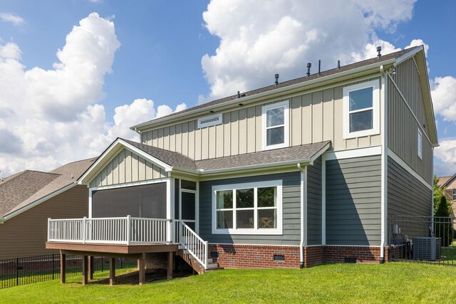 222 Fowler Cir, Franklin, TN 37064 - rear view of house featuring board and batten siding, crawl space, a sunroom, and a shingled roof