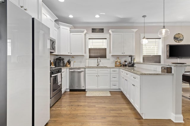 4252 Inlet Loop, Chattanooga, TN 37416 - kitchen with stainless steel appliances, a peninsula, plenty of natural light, white cabinets, and ornamental molding