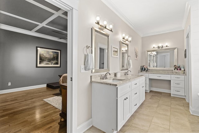 4252 Inlet Loop, Chattanooga, TN 37416 - ensuite bathroom with double vanity, ornamental molding, wood finished floors, and coffered ceiling