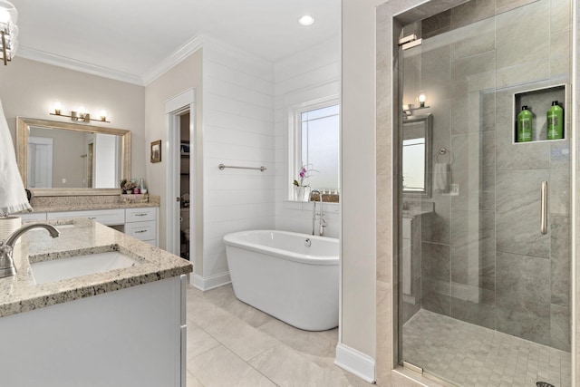 4252 Inlet Loop, Chattanooga, TN 37416 - bathroom featuring vanity, a shower stall, a freestanding bath, ornamental molding, and tile patterned flooring