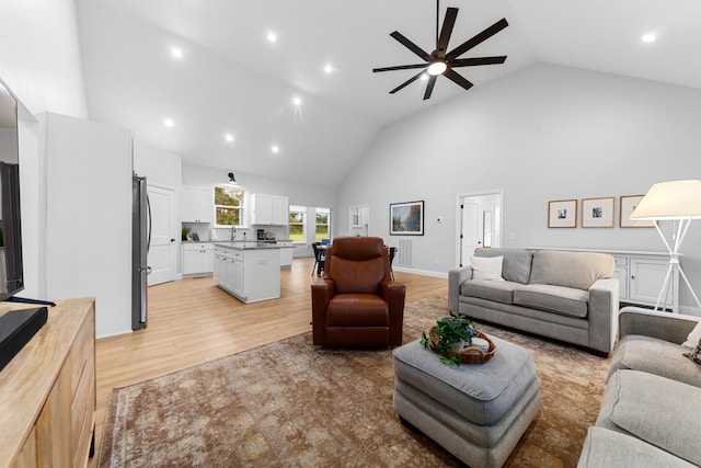5283 Eagleville Pike, Eagleville, TN 37060 - living room featuring high vaulted ceiling, ceiling fan, light wood-style floors, and recessed lighting