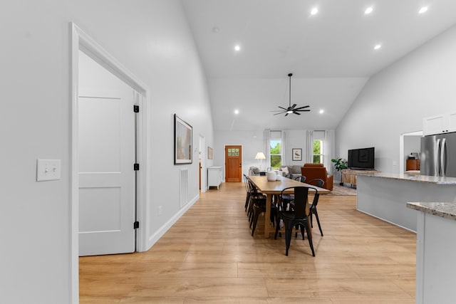 5283 Eagleville Pike, Eagleville, TN 37060 - dining area featuring light wood finished floors, a ceiling fan, high vaulted ceiling, and recessed lighting