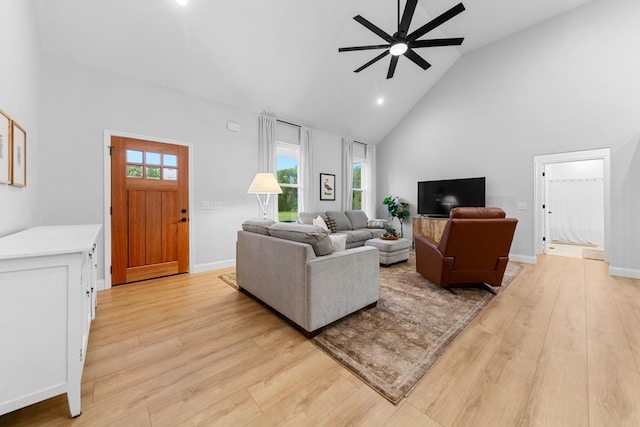 5283 Eagleville Pike, Eagleville, TN 37060 - living area featuring high vaulted ceiling, a ceiling fan, and light wood-style flooring