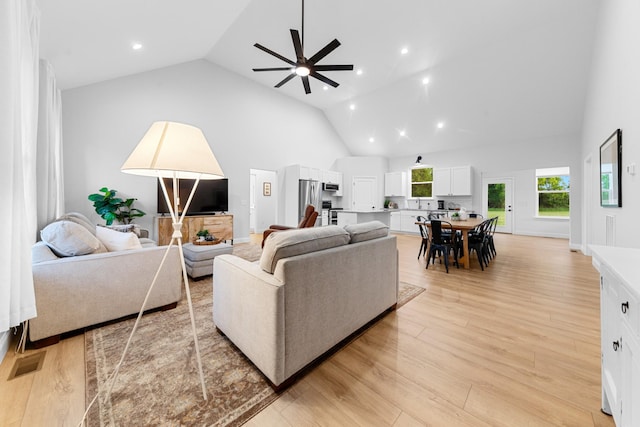5283 Eagleville Pike, Eagleville, TN 37060 - living room featuring ceiling fan, high vaulted ceiling, recessed lighting, and light wood finished floors