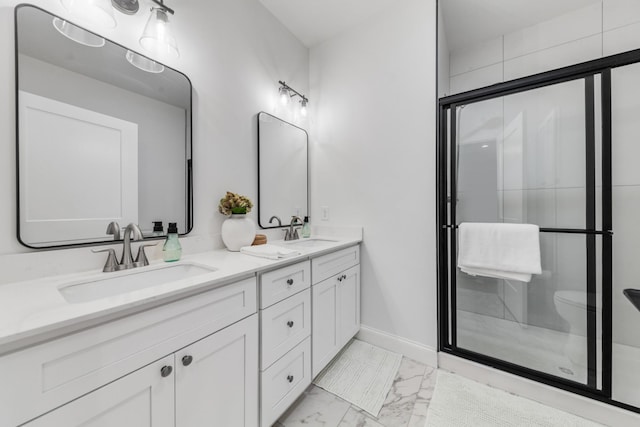 5283 Eagleville Pike, Eagleville, TN 37060 - bathroom featuring double vanity, a stall shower, and marble look tile flooring