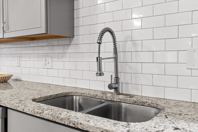 225 Hemphill Ave, Chattanooga, TN 37411 - kitchen view of backsplash, light stone counters, and gray cabinetry