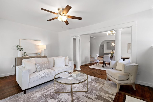 225 Hemphill Ave, Chattanooga, TN 37411 - living area featuring decorative columns, wood finished floors, arched walkways, and ceiling fan