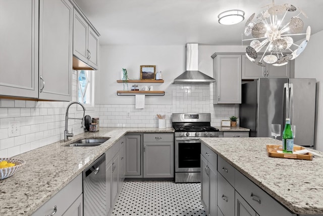 225 Hemphill Ave, Chattanooga, TN 37411 - kitchen featuring wall chimney range hood, stainless steel appliances, gray cabinetry, and decorative backsplash