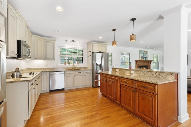 5033 Ragland Dr, Nashville, TN 37220 - kitchen with stainless steel appliances, light wood-type flooring, a lit fireplace, light stone counters, and recessed lighting