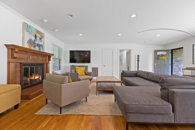 5033 Ragland Dr, Nashville, TN 37220 - living room featuring ornamental molding, light wood-style flooring, a glass covered fireplace, and recessed lighting