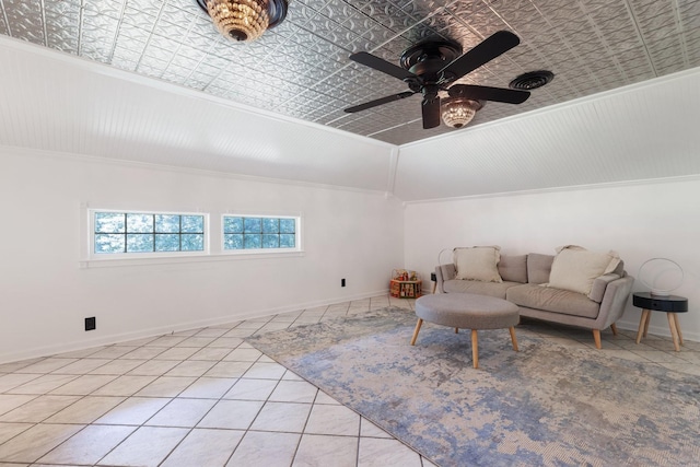 5033 Ragland Dr, Nashville, TN 37220 - living room with ceiling fan, light tile patterned floors, and ornamental molding