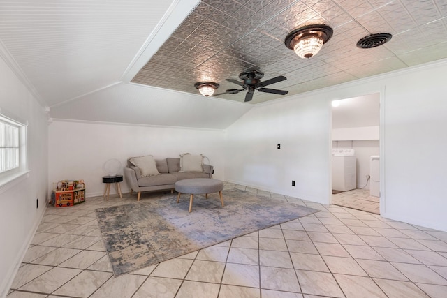 5033 Ragland Dr, Nashville, TN 37220 - sitting room with crown molding, vaulted ceiling, a ceiling fan, and light tile patterned floors