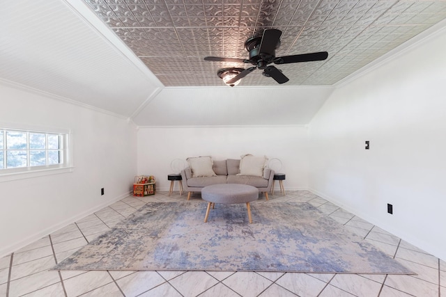 5033 Ragland Dr, Nashville, TN 37220 - living area featuring vaulted ceiling, ornamental molding, a ceiling fan, and tile patterned flooring