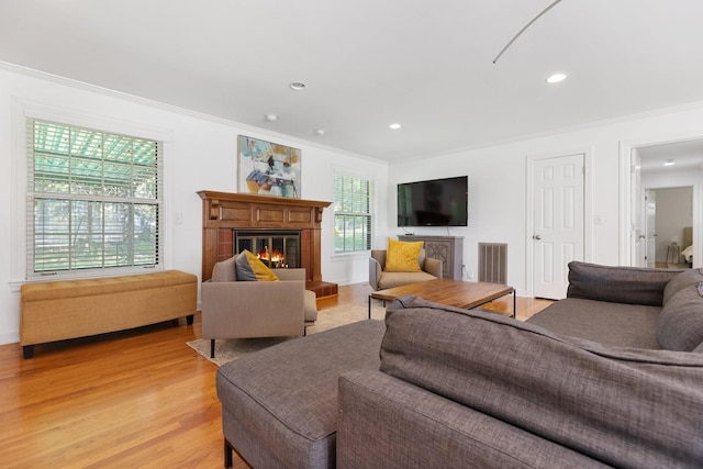 5033 Ragland Dr, Nashville, TN 37220 - living area with a glass covered fireplace, crown molding, light wood-type flooring, and recessed lighting