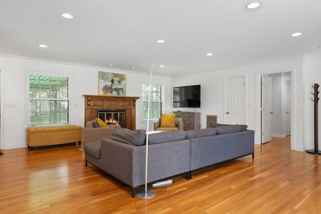 5033 Ragland Dr, Nashville, TN 37220 - living area with healthy amount of natural light, light wood finished floors, a tile fireplace, recessed lighting, and crown molding