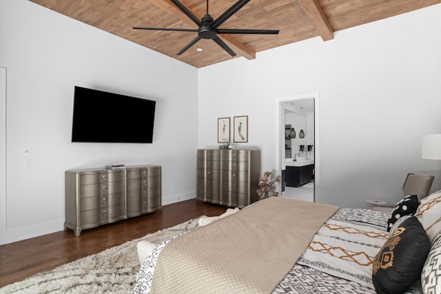 3706 Benham Ave, Nashville, TN 37215 - bedroom with a wood ceiling with exposed beams, wood finished floors, connected bathroom, and a ceiling fan