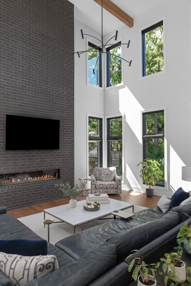3706 Benham Ave, Nashville, TN 37215 - living room featuring wood finished floors, a high ceiling, beam ceiling, plenty of natural light, and a lit fireplace