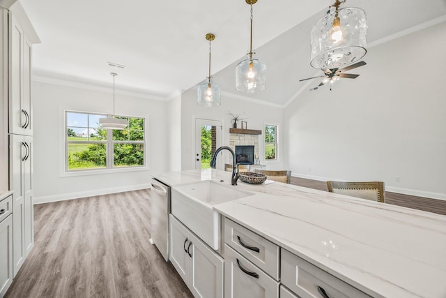 200 Creekside Dr, Lewisburg, TN 37091 - kitchen featuring stainless steel dishwasher, a ceiling fan, hanging light fixtures, light stone counters, and light wood finished floors