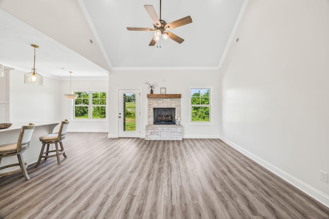200 Creekside Dr, Lewisburg, TN 37091 - living area featuring wood finished floors, ornamental molding, high vaulted ceiling, ceiling fan, and a fireplace
