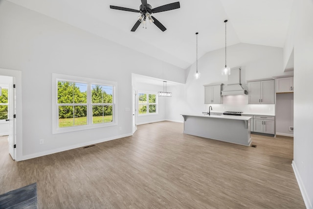 198 Creekside Dr, Lewisburg, TN 37091 - unfurnished living room with high vaulted ceiling, ceiling fan, and light wood-style flooring