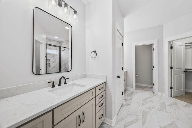 198 Creekside Dr, Lewisburg, TN 37091 - full bathroom with vanity, a stall shower, and marble look tile flooring